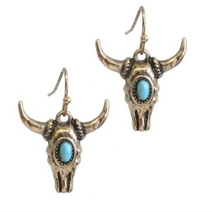 Turquoise Center Long Horn Western Rustic Earring, NEW